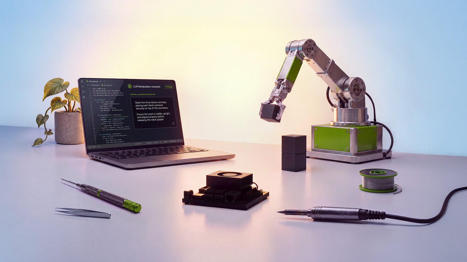 Стенд NVIDIA к анонсу Jetson Orin Nano 2: плата с вентилятором, ноутбук и небольшой манипулятор