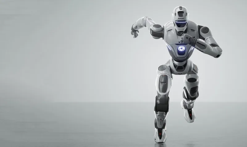 Робот-гуманоид EngineAI T800 на бегу, светлый фон