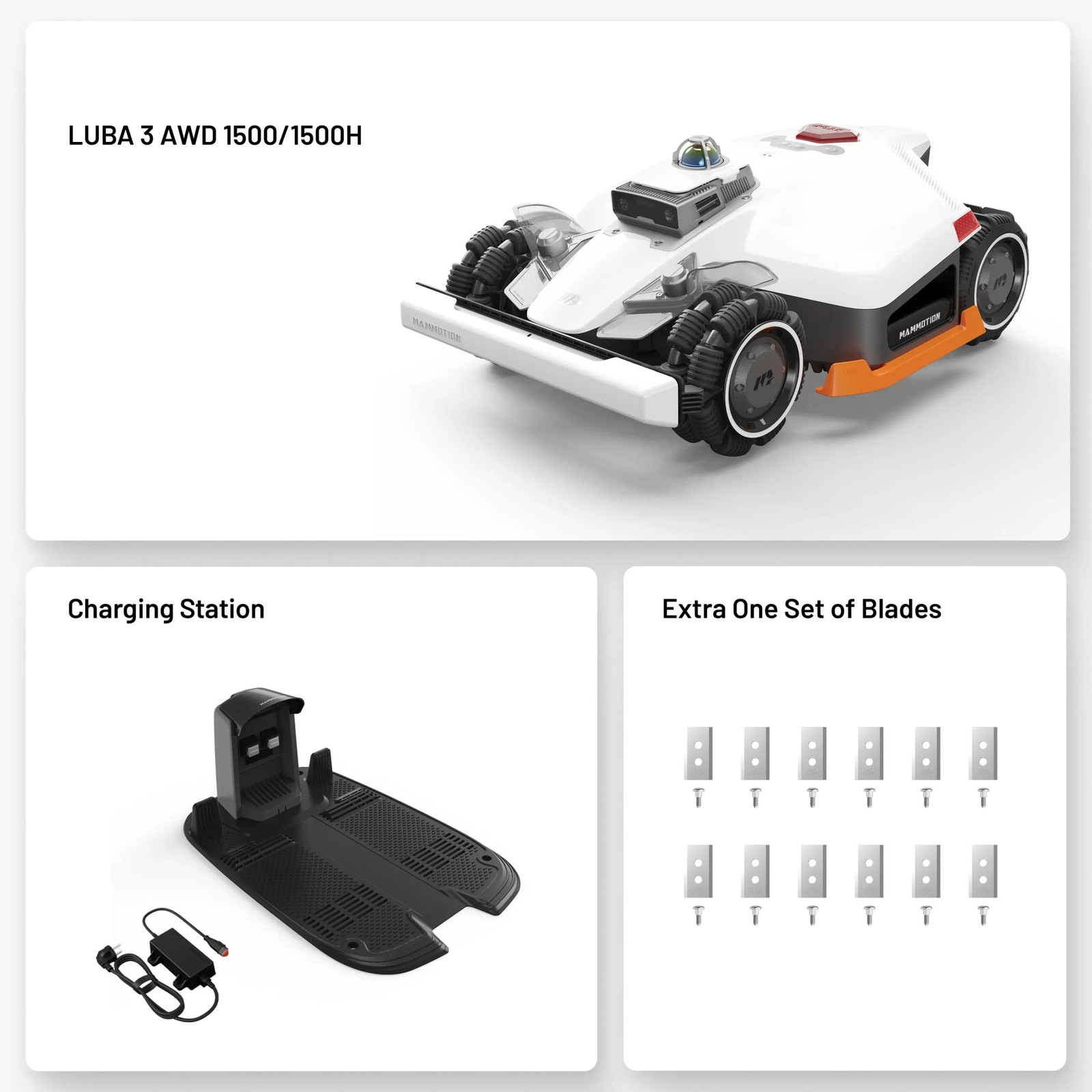 Комплект Mammotion LUBA 3 AWD 1500: газонокосилка, зарядная станция и запасные ножи