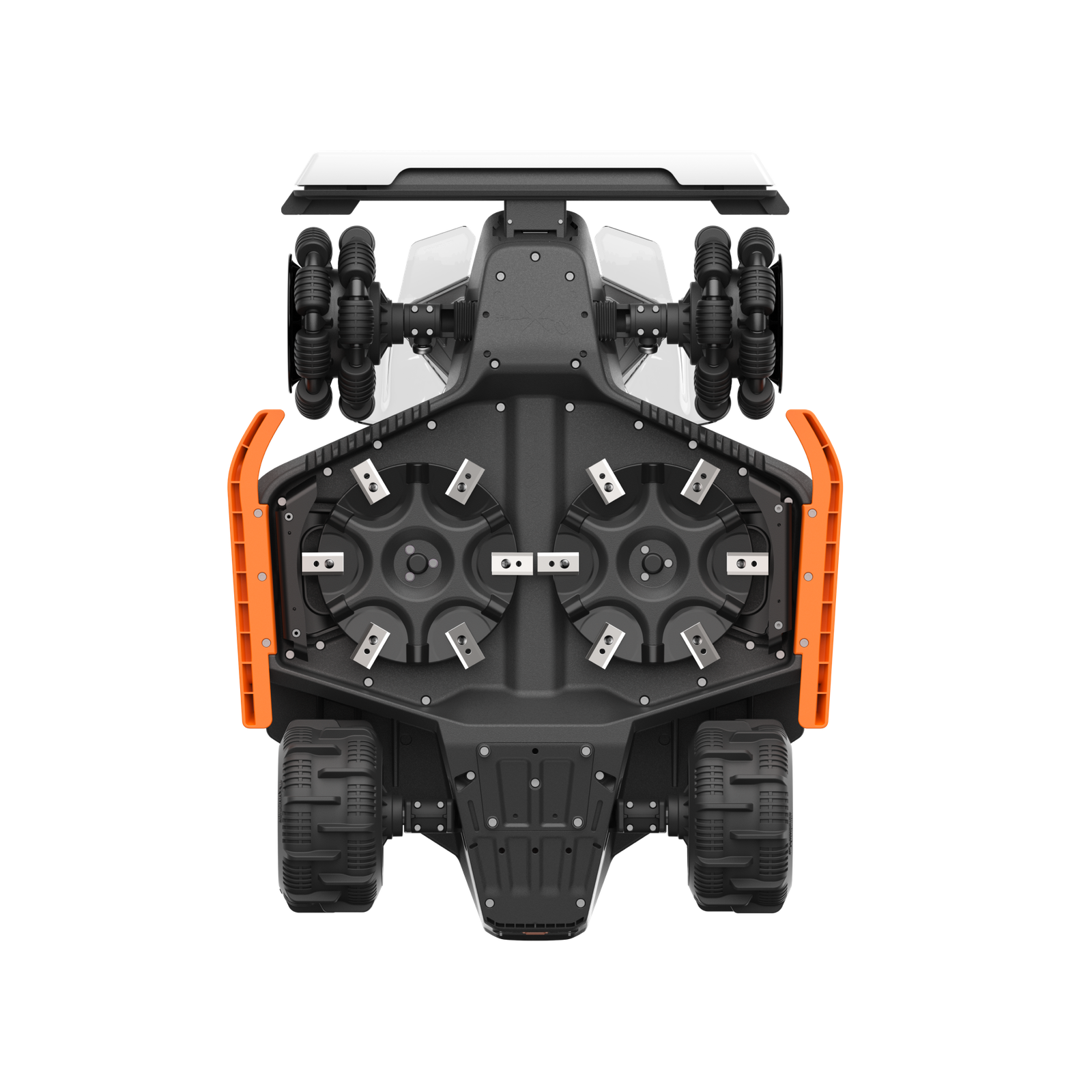 Mammotion LUBA 3 AWD снизу: два режущих диска с ножами и четыре колеса