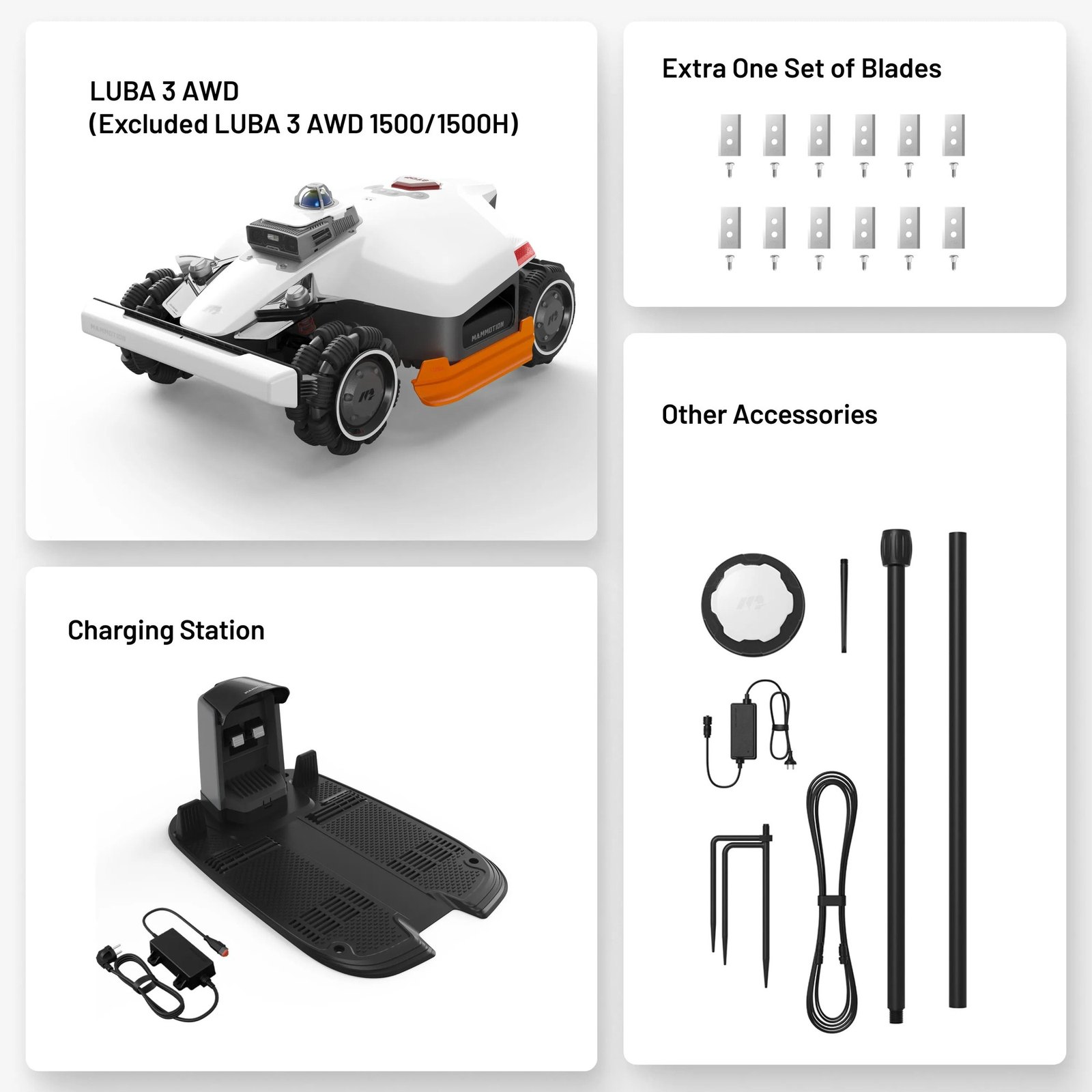 Комплект Mammotion LUBA 3 AWD 3000 и 5000: газонокосилка, зарядная станция, запасные ножи и аксессуары