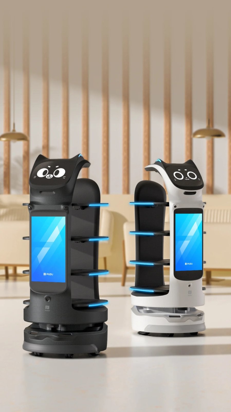 Роботы-официанты Pudu BellaBot Pro в чёрном и белом исполнении
