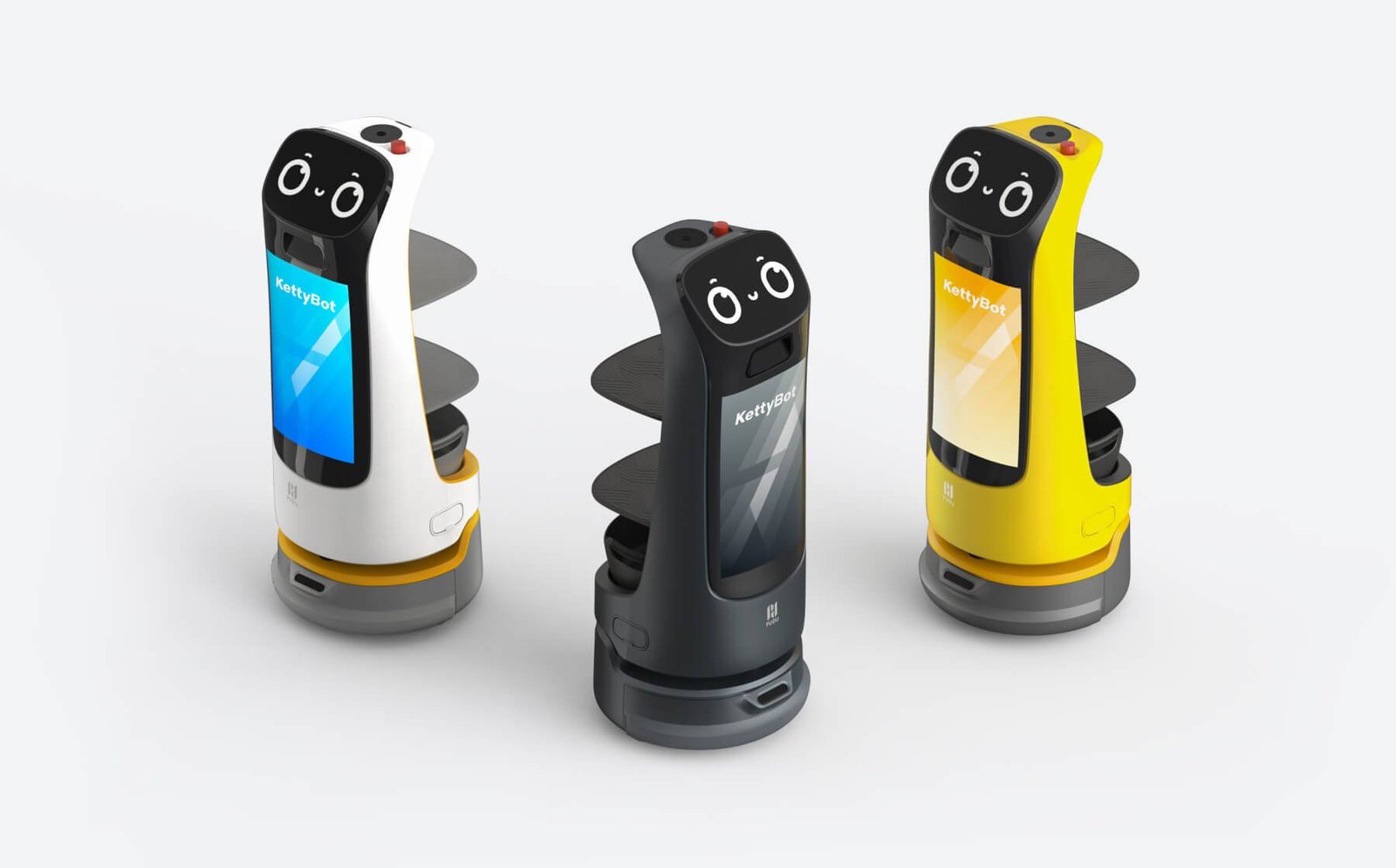 Роботы Pudu KettyBot Pro в белом, чёрном и жёлтом исполнении