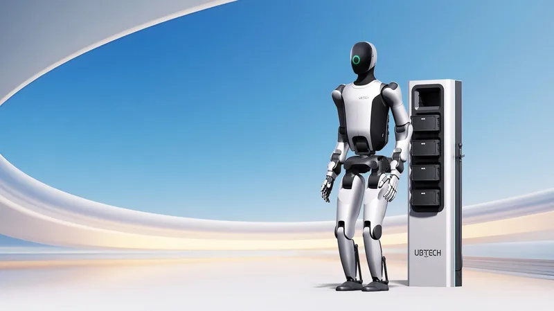 Промышленный робот-гуманоид UBTech Walker S2 у станции замены аккумулятора