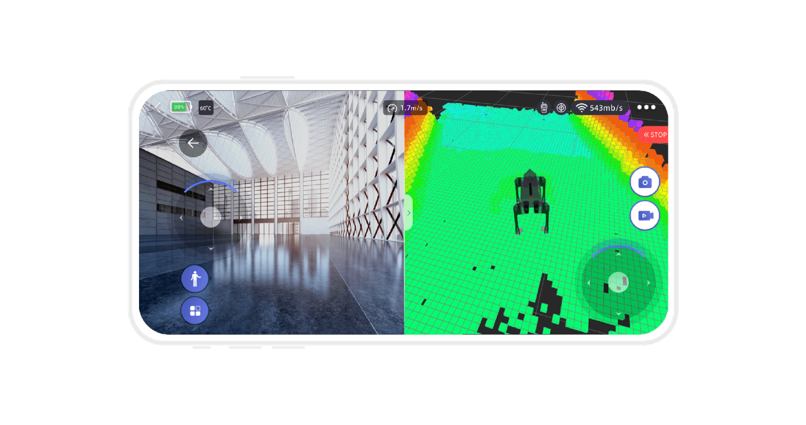 Приложение Unitree Go2 на смартфоне: видео с камеры и карта лидара